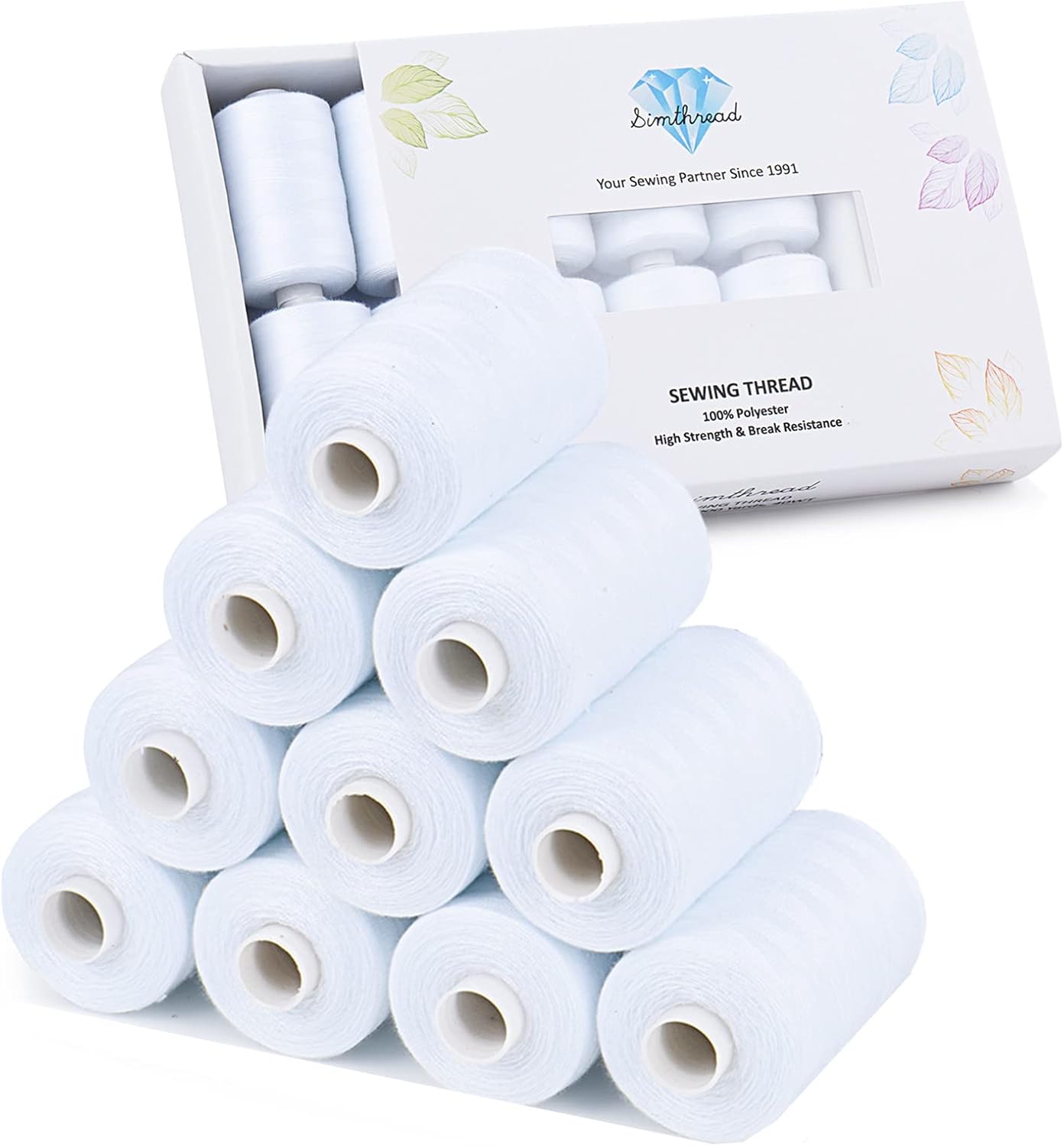 Simthread All Purpose Sewing Thread, 10 Spool White Series 1000 Yards Each Bobbin Polyester Thread for Sewing, Handy Polyester Sewing Threads for Sewing Machine - (White Series)