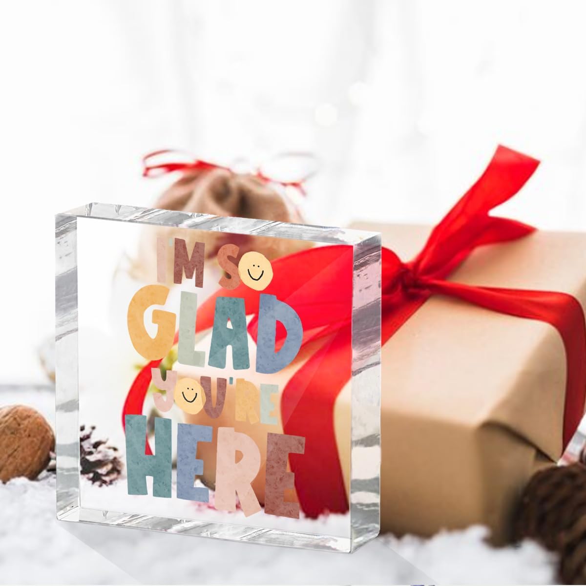 Positive Affirmation Desk Decor Acrylic Sign 4X4 Inch, Motivational Smile Face Desk Decorative Signs for Shelf Tabletop Cubicle Room Office, Welcome Gifts for Women Men Friends