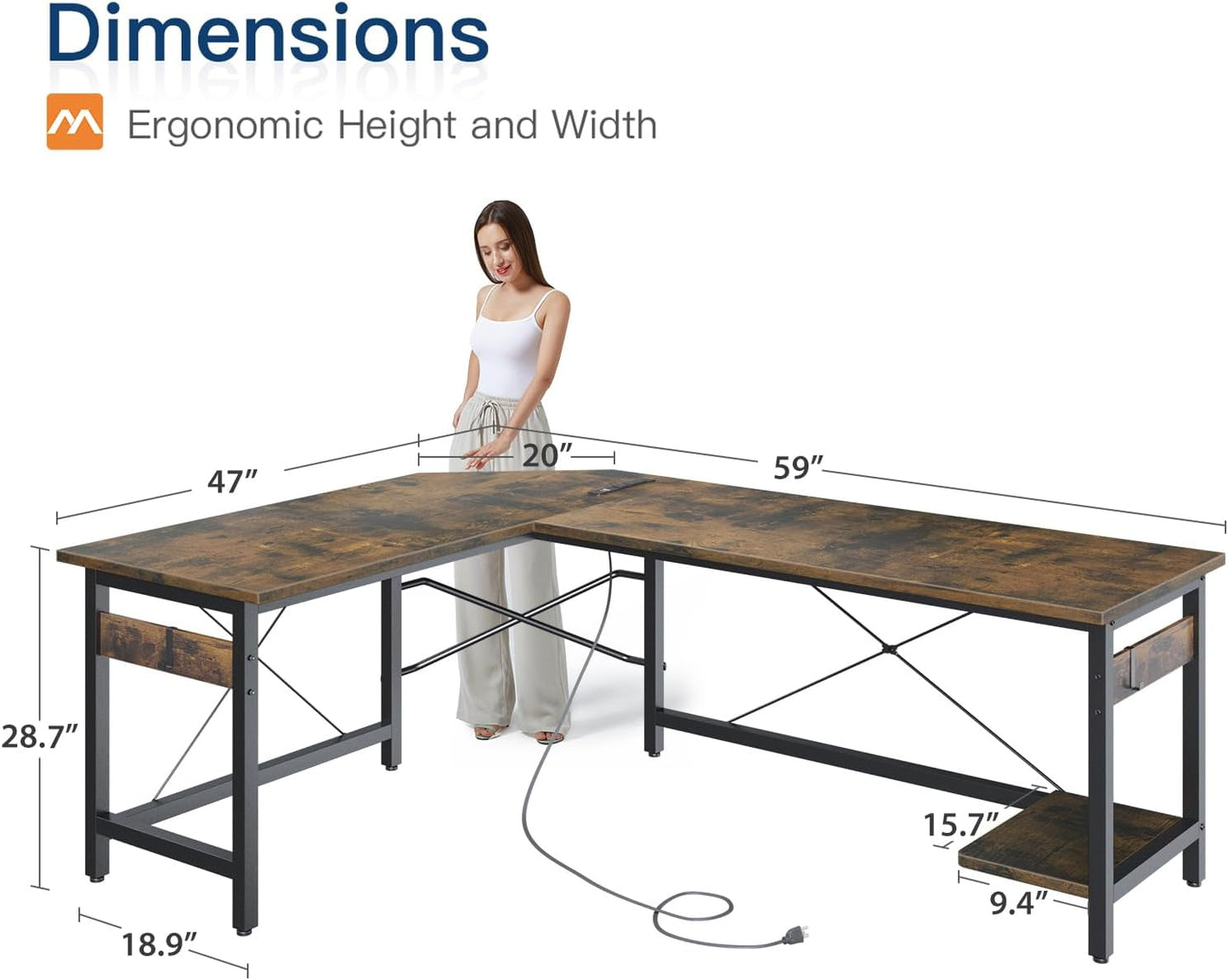 Coleshome 59" L Shaped Gaming Desk with Outlet, L Shaped Desk with CPU Stand, Corner Computer Desk, Home Office Desk, Writing Desk, Vintage