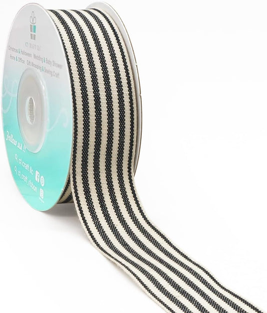 CT CRAFT LLC Ivory Cotton Black Stripes Ribbon 1" x 10 Yards for Home Décor Gift Present Wrapping DIY Crafts Birthday Wedding Bouquet Christmas