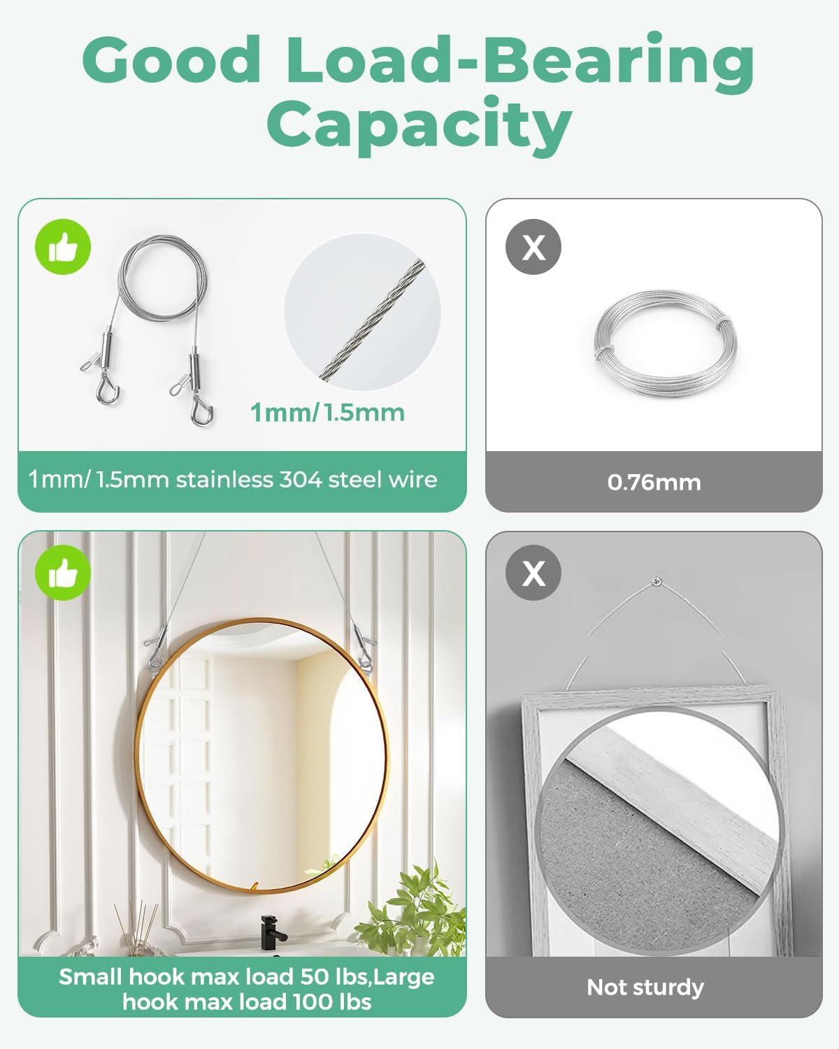4PCS Adjustable Picture Hanging Wire 1.5m x 1mm Small Hooks, Picture Frame Wire Kit Heavy Duty 50lbs, Stainless Steel for Art, Mirror, Light Lamp, Billboards, Basket Flowerpot