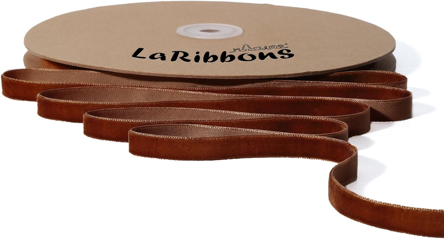 LaRibbons Thin Velvet Ribbon 3/8 Inch x 25 Yards, Brown Velvet Ribbon for Christmas Tree, Gift Wrapping, Wreath Bow, Outdoor Decoration