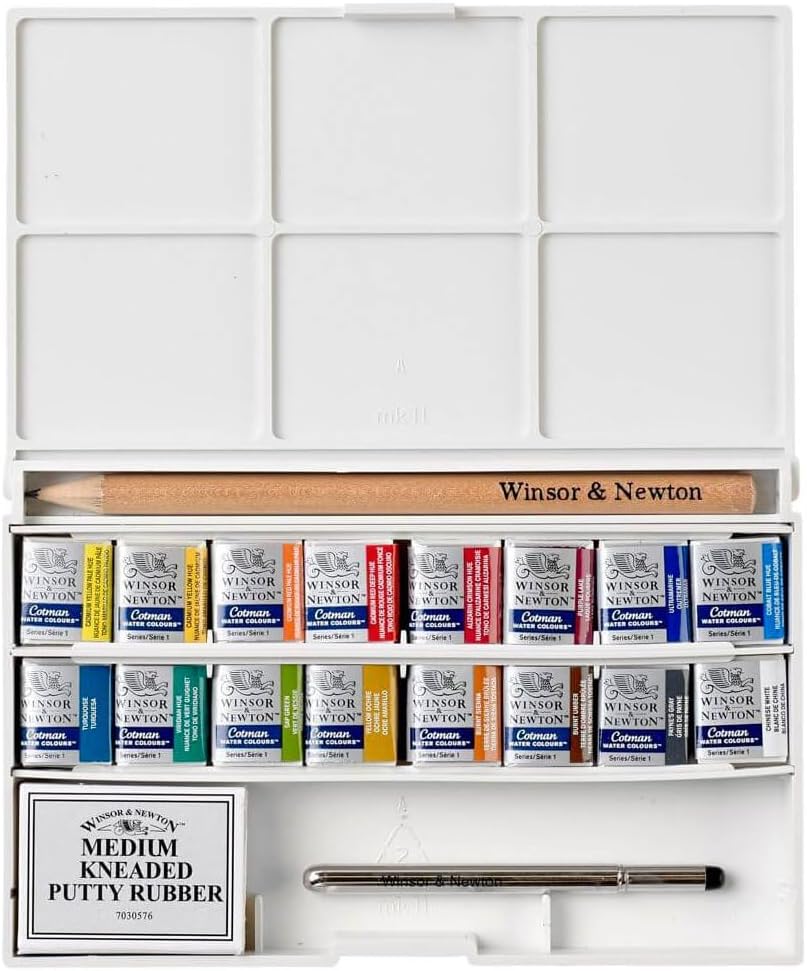 Winsor & Newton Cotman Watercolor Paint Set, Complete Pocket Set, 16 Half Pan w/ Brush, Eraser, Mixing Palette