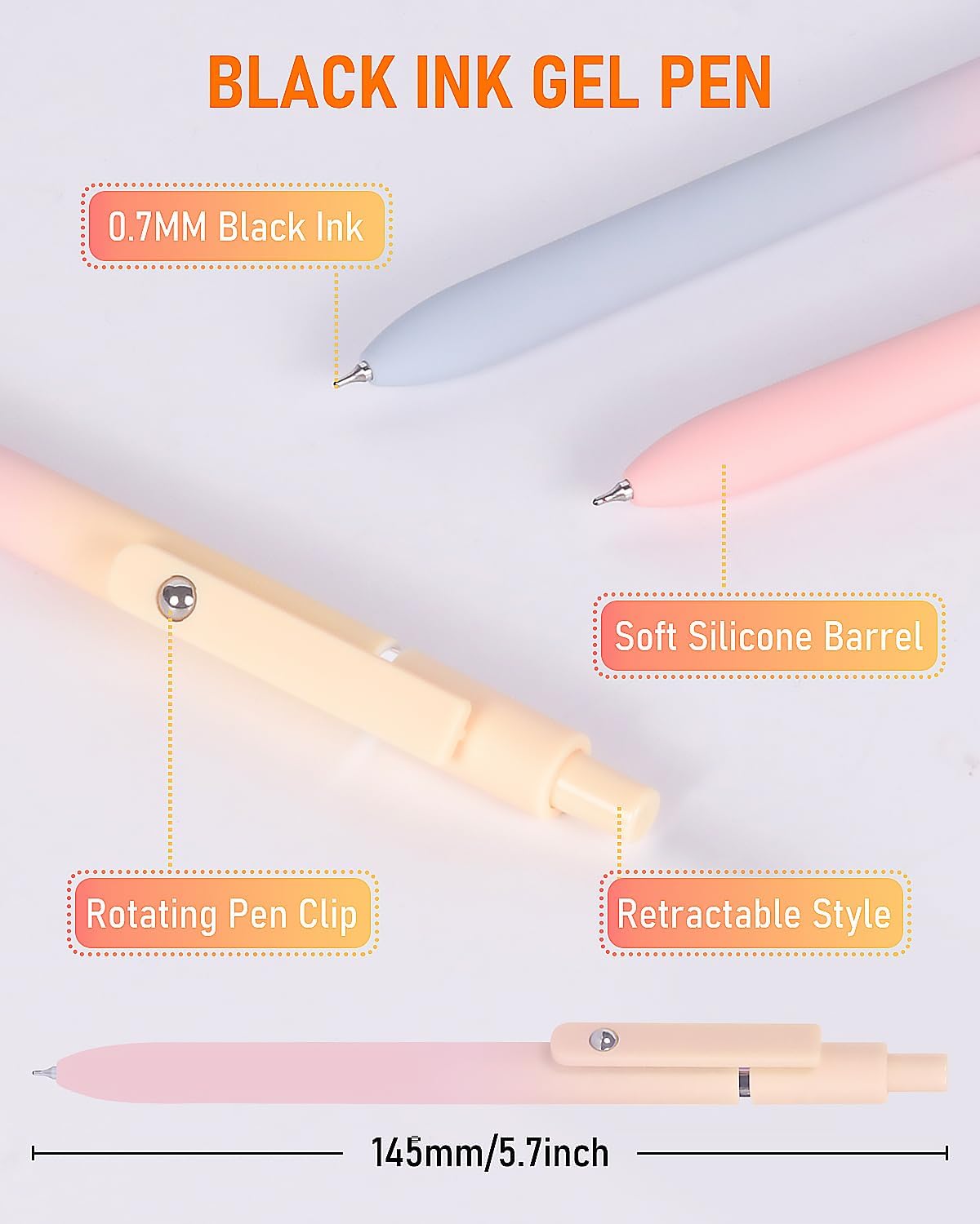 FIOVER Gel Pens, 5pcs Black Ink Medium Point 0.7mm Smooth Writing Pens with Comfort Grip, Aesthetic Ballpoint for Journaling School Office Supplies, Gifts for Women Men(5PCS Gradient Black Ink)