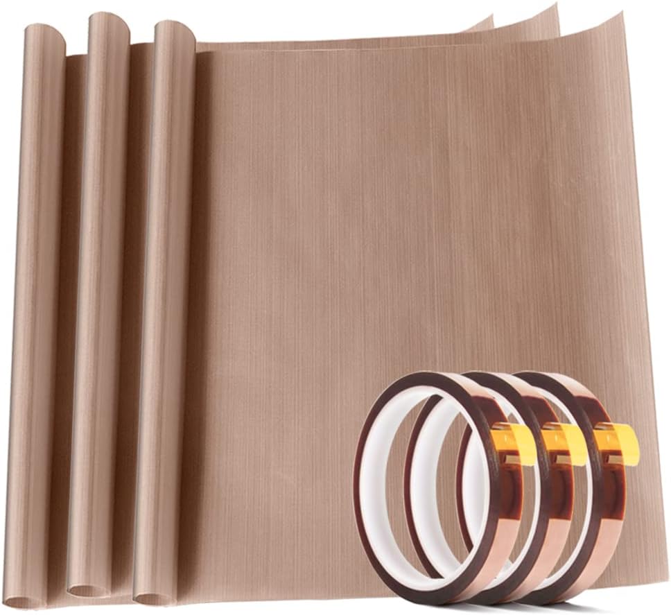 3 Pack PTFE Teflon Sheet 16 x 20" and 3 Rolls 10mm X 33m Heat Resistant Sublimation Tape for Heat Press Transfer Non Stick Paper Reusable Heat Resistant Craft Mat,Protects Iron,for Heat Press Machines