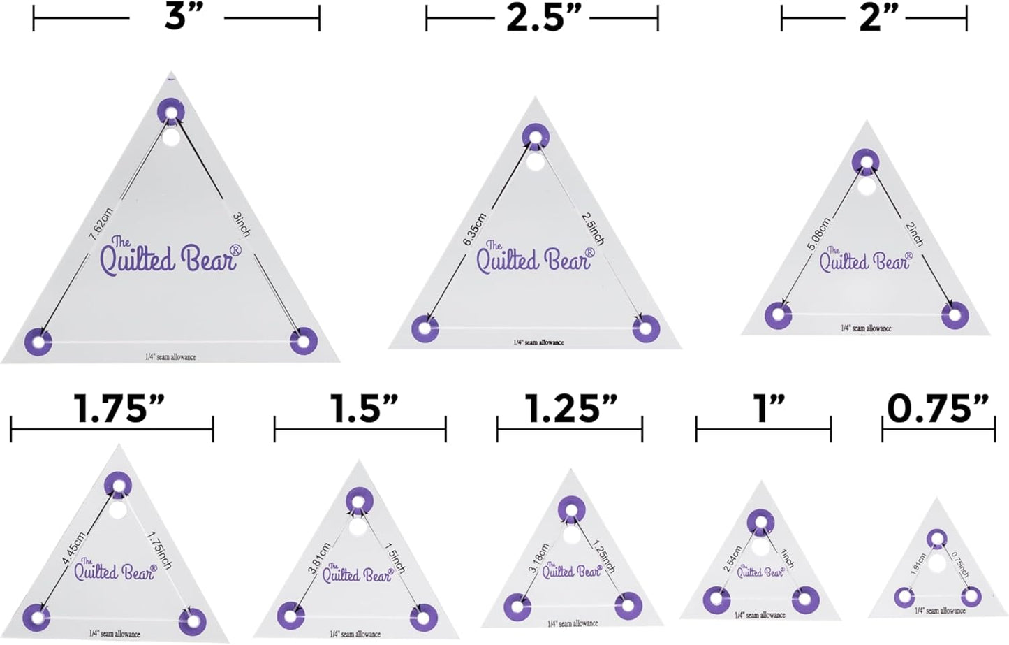 The Quilted Bear Triangle Quilting Templates – 8 Clear Non-Slip Acrylic Quilt Templates for Precise Fabric Cutting & Stress-Free Machine Quilting - Ideal for Quilt & Sewing Supplies (¾–3")