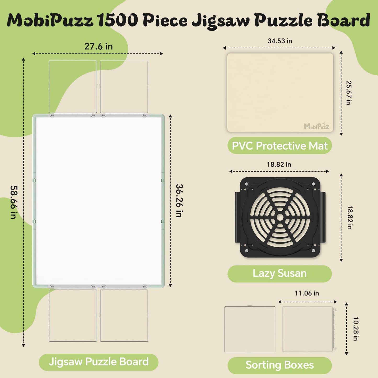 1500 Pieces Puzzle Board 3-in-1 Double-Sided & Rotating & Tilting, Plastic Puzzle Table with Sorting Boxes and PVC Cover, Portable Lazy Susan Jigsaw Puzzle Board for Adults, Gray Green