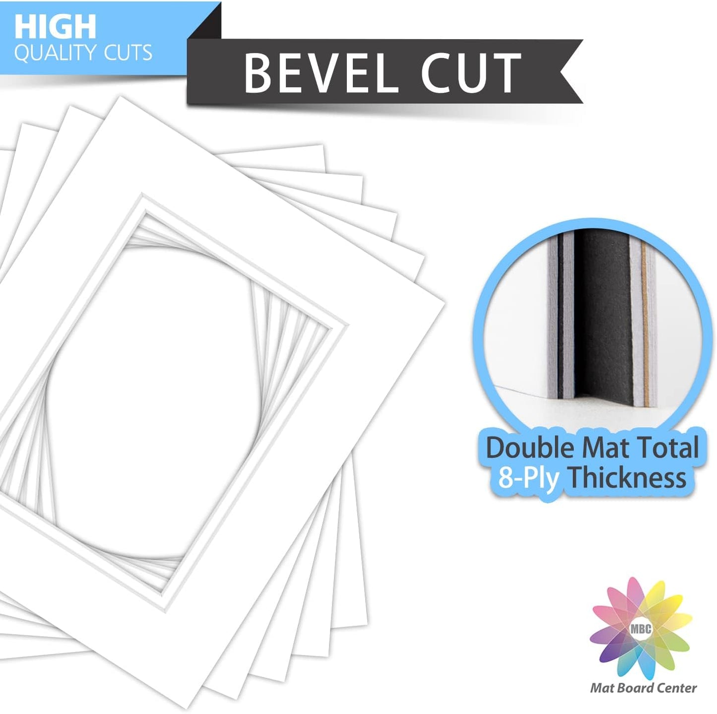 Mat Board Center, Double Mat - Acid Free, 8-ply Thickness, White Core - for Pictures, Photos, Framing (White Over White, 8x10 for 5x7, Pack of 5)