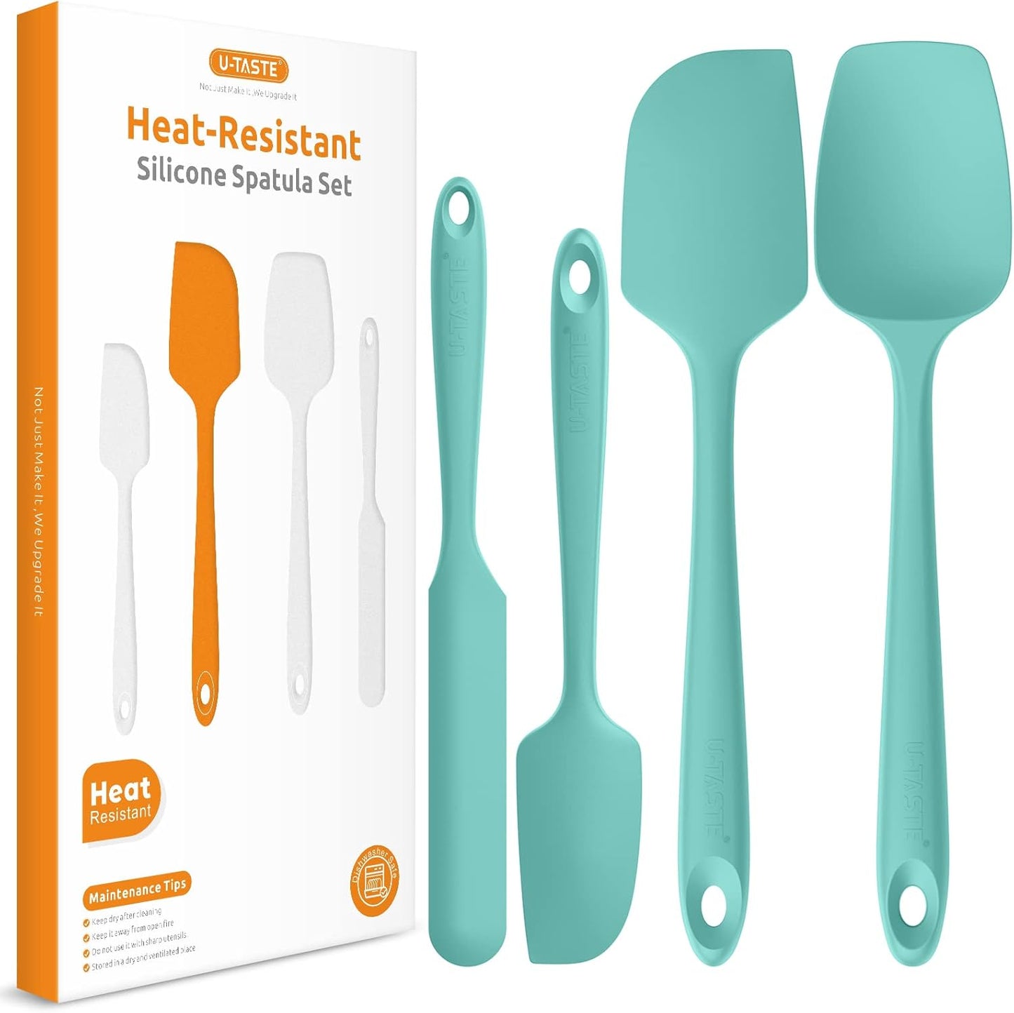 Heat Resistant Silicone Spatula Set: U-Taste 600ºF High Temp Seamless Food Grade Utensil, Flexible Rubber Silicon Kitchen Cooking Mixing Baking Scraper for Nonstick Cookware Set of 4 (Aqua Sky)