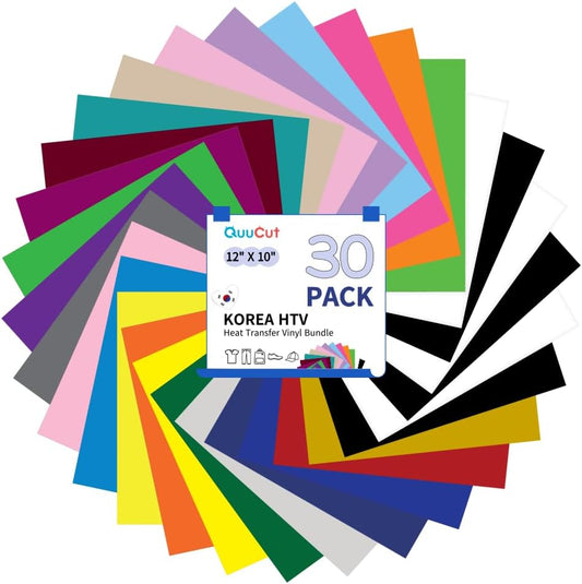QuuCut HTV Heat Transfer Vinyl Bundle: 30 Pack 12" x 10" Sheets, 26 Assorted Full Matte Colors HTV Vinyl for T-Shirts, Iron on Vinyl for Cricut & Silhouette - Easy to Cut & Weed