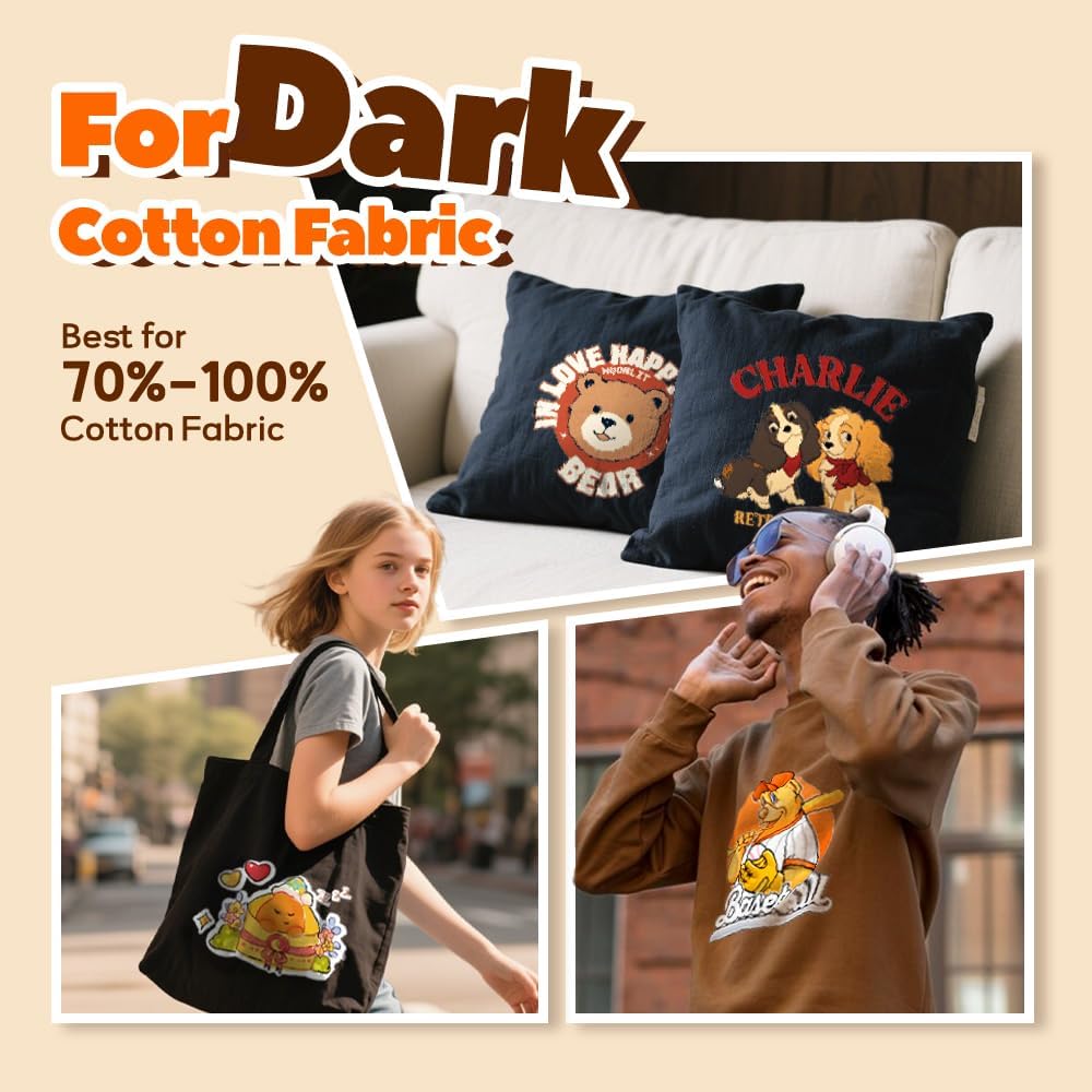 TranSmile PU-Heat Transfer Paper for Inkjet Printer (40 Sheets, 8.5x11", Dark) Iron on Transfers for Dark Fabric, Printable Heat Transfer Vinyl for T Shirts, Vibrant & Washable