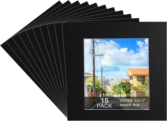 15 Pack 12x12 Black Picture Mats, Frame Mattes for 8x8 Pictures Display Photo Frame Mat Core Bevel Cut Mat Board Show Kit for Photos, Prints, Artworks