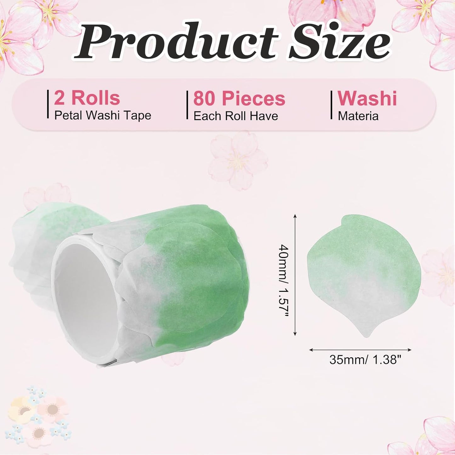 uxcell 2 Rolls Petal Washi Tape, 80 Pieces Floral Decorative Tape Colored Masking Tapes Crafting Supplies for DIY Crafts, Gift Wrapping, Scrapbook, Party Decorations, Large Light Green