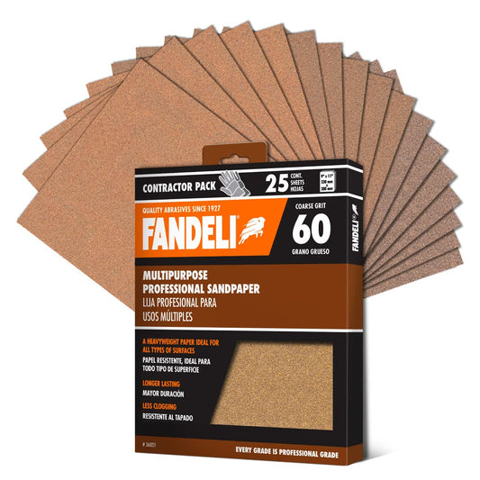 Fandeli 36021 060 Grit Multipurpose Sandpaper Sheets, Brown , 9" x 11", 25-Sheet