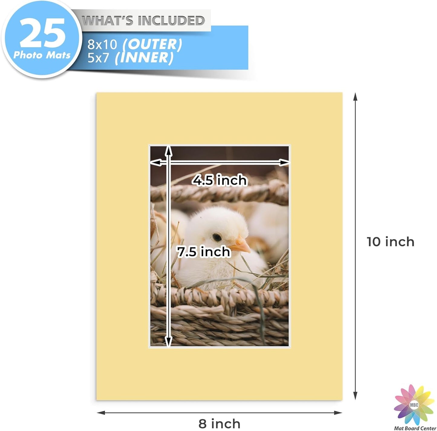 Mat Board Center, Pack of 25, 8x10 for 5x7 Mixed Color Mats - Acid Free, 4-ply Thickness, White Core - for Pictures, Photos, Framing