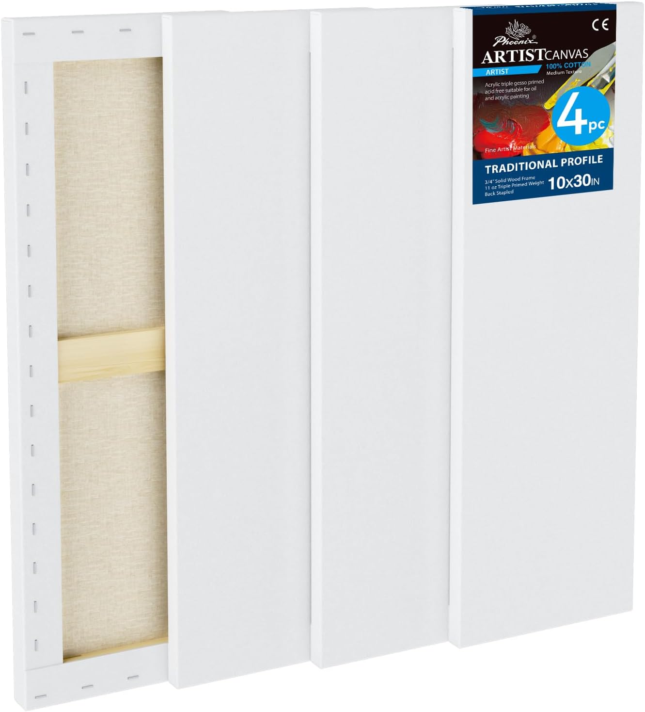 PHOENIX 10x30 Inch 4 Pack Artist Canvas - Large Long Stretched Canvases for Painting - 3/4 Inch Profile, 100% Cotton 11 Oz. Gesso Primed White Blank Professional Canvas Oil & Acrylic Paints