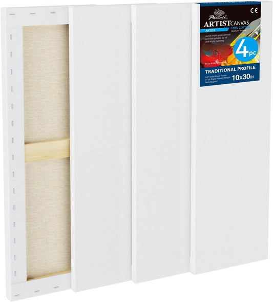 PHOENIX 10x30 Inch 4 Pack Artist Canvas - Large Long Stretched Canvases for Painting - 3/4 Inch Profile, 100% Cotton 11 Oz. Gesso Primed White Blank Professional Canvas Oil & Acrylic Paints