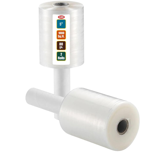 2 Pack Industrial Strength Mini Hand Stretch Wrap 5" 1000 Ft Roll 80 Gauge Thick, Shrink Wrap Roll for Moving Supplies, Furniture, Pallets, Plastic Wrap for Packing, Heavy Duty Stretch Film