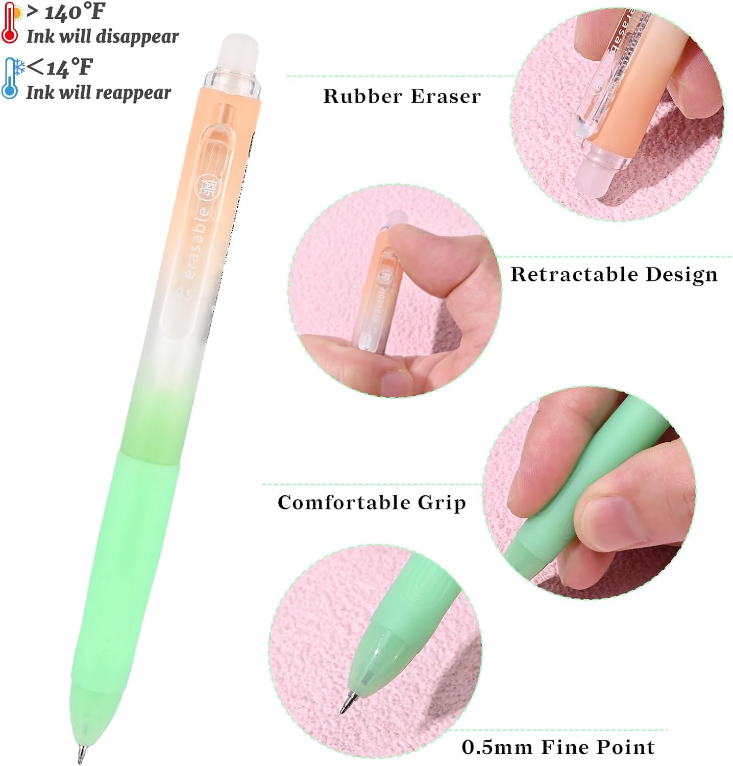 Temiary 4 Pcs Erasable Gel Pens & 10 Pcs Refills, Retractable Ink Pen with Eraser Clear, 0.5mm Fine Point Smooth Writing Make Mistakes Disappear for Crossword Puzzles Note Taking (Black Ink)