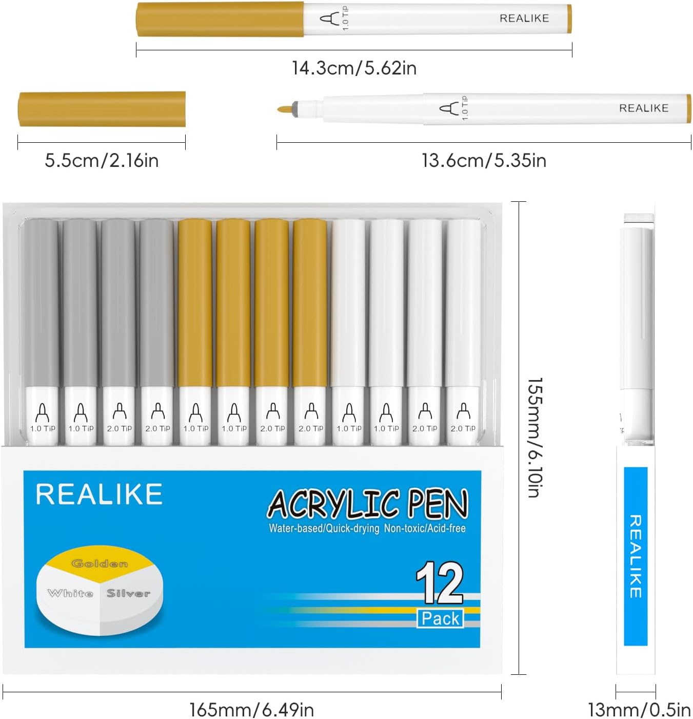 REALIKE Acrylic Paint Markers for Cricut Maker 3/Maker/Explore 3/Air 2/Air, Gold Silver White Acrylic Paint Pens for Rocks, Paper, Wood, Canvas, Glass, Ceramic, Fabric (1.0 & 2.0 Tip)