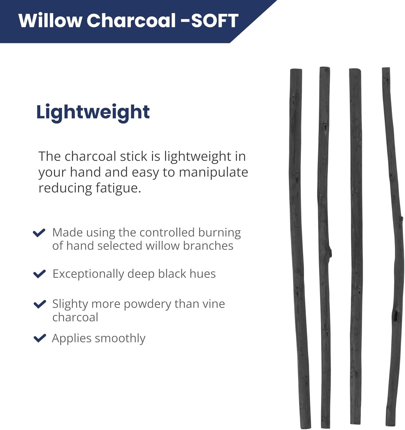 Pacific Arc Large Willow Charcoal Stick 4/Pkg, Soft, Black, Willow Charcoal for Sketching and Drawing