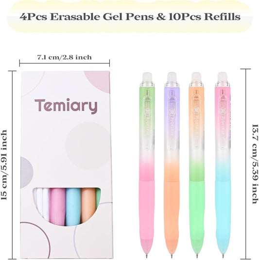 Temiary 4 Pcs Erasable Gel Pens & 10 Pcs Refills, Retractable Ink Pen with Eraser Clear, 0.5mm Fine Point Smooth Writing Make Mistakes Disappear for Crossword Puzzles Note Taking (Black Ink)