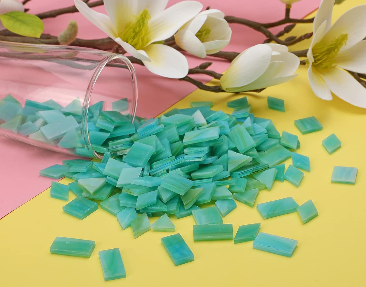 Lanyani 200 Pieces Glass Mosaic Tiles for Crafts,4 Shapes Mixed Colorful Tiffany Stained Glass Pieces,Square/Rectangle/Diamond/Triangle,Ocean Green