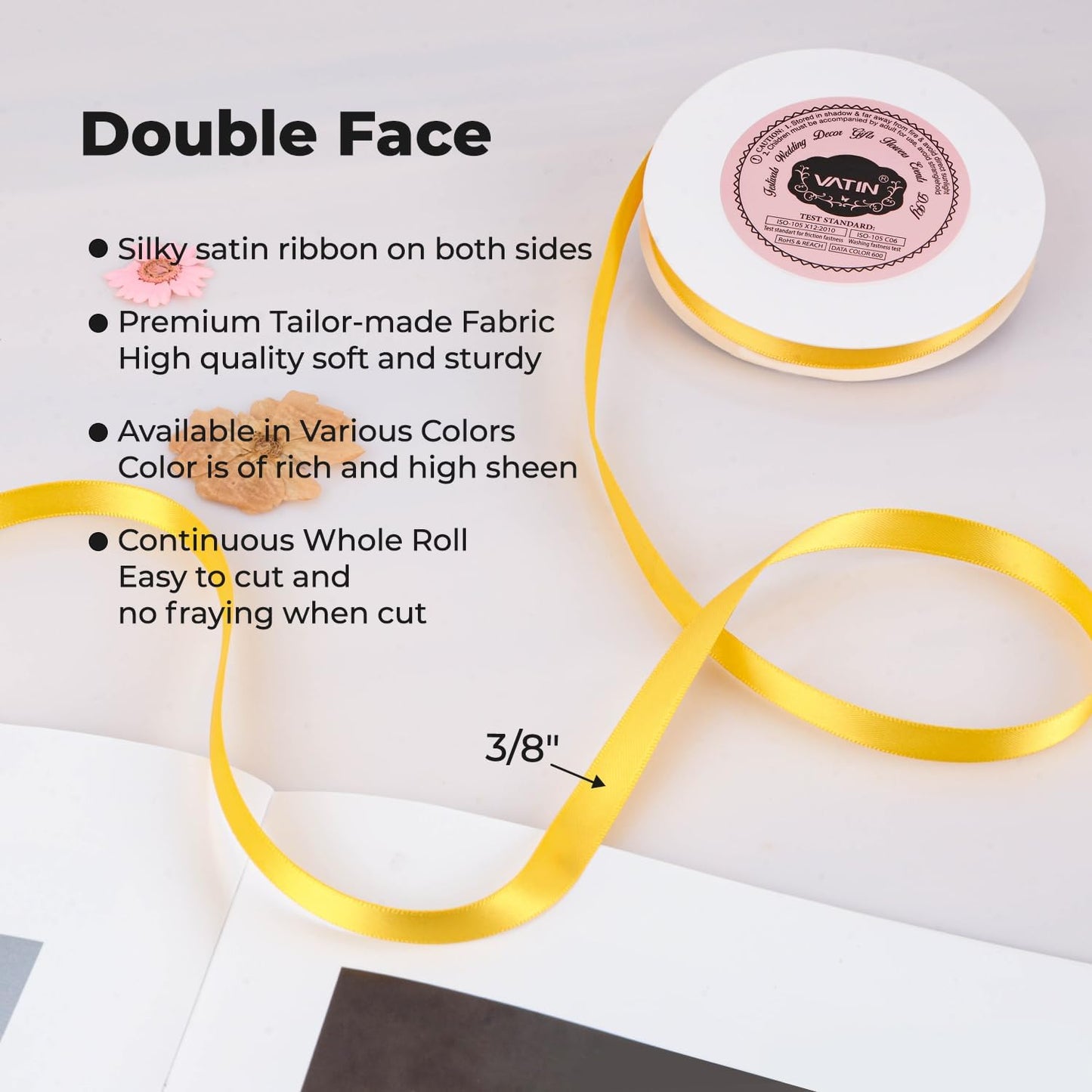 VATIN 3/8 inches Double Faced Maize Yellow Polyester Satin Ribbon - 50 Yards for Gift Wrapping Ornaments Party Favor Braids Baby Shower Decoration Floral Arrangement Craft Supplies