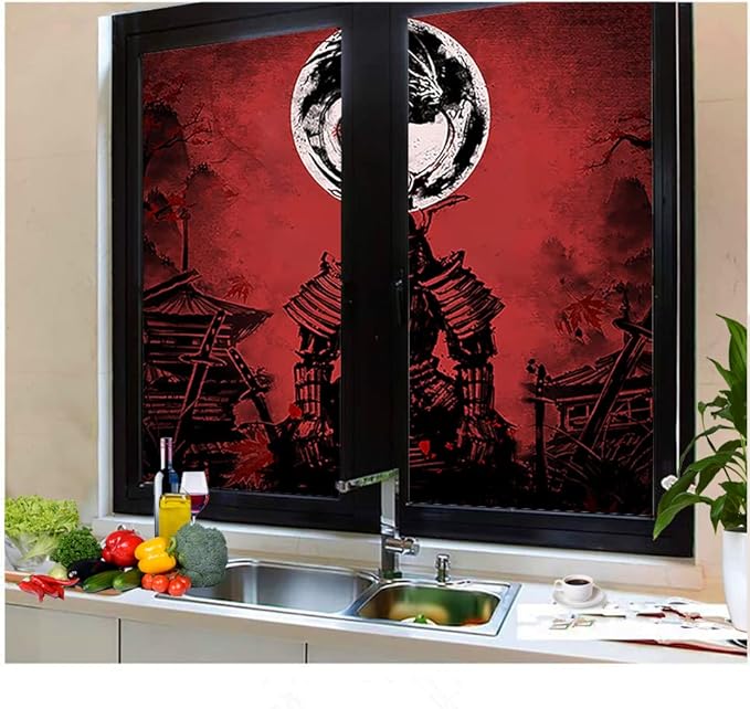Japanese Samurai Window Film Abstract Vintage Samurai Blossom Dragon Full Moonstained Glass Window Film,Playroom Window Film,Nursery Window Film 23.6Wx78.7L-Inch X2Pcs