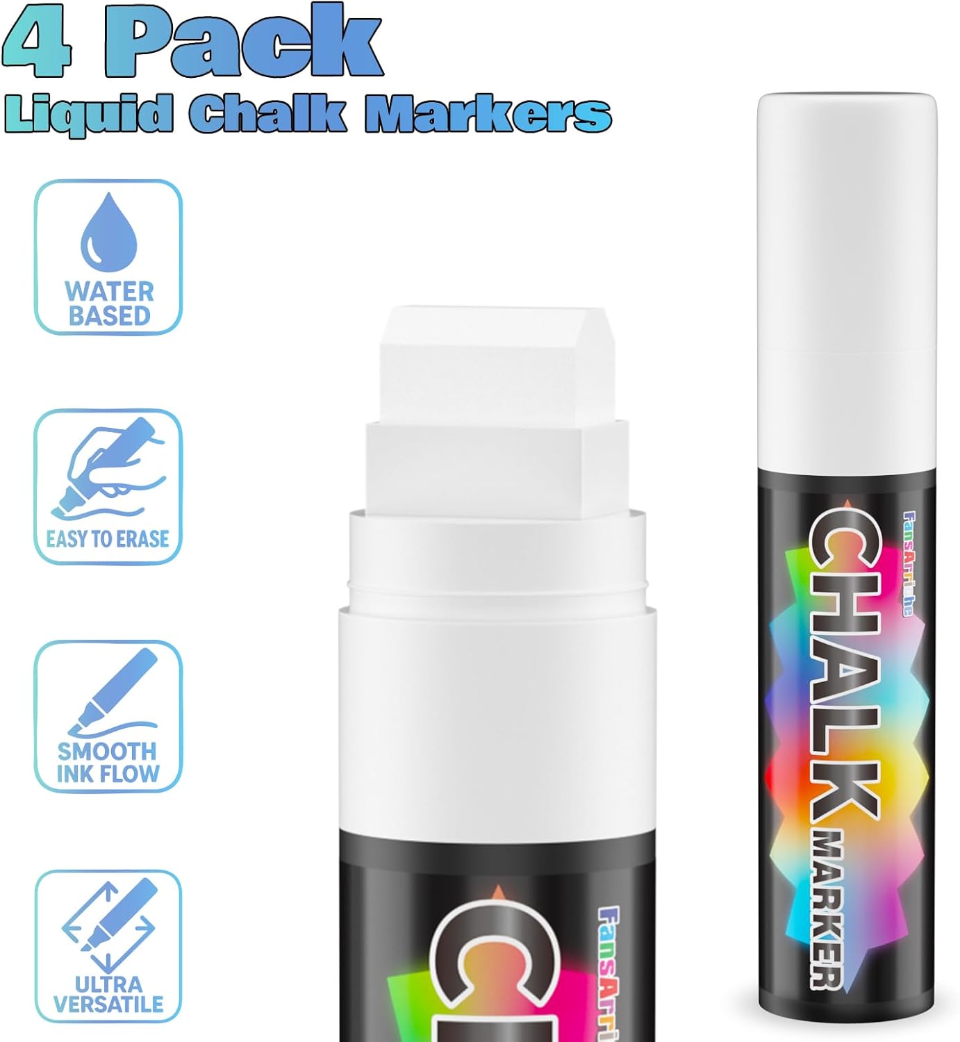 FansArriche White Chalk Markers, 15mm Jumbo Car Window Markers for Glass Washable, 4 Pack Liquid Chalk Marker Erasable for Chalkboard, Blackboard