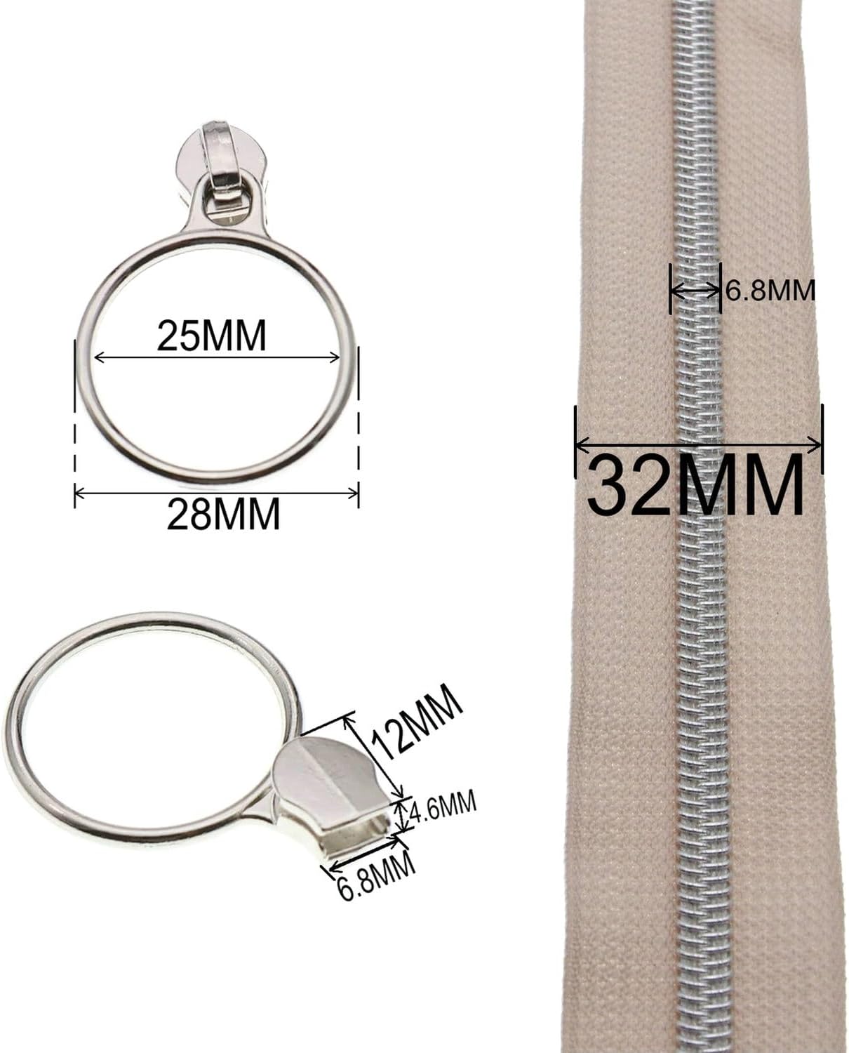 Leekayer #5 Silver Metallic Nylon Coil Zippers by The Yard Bulk 10 Yards Beige Zipper Tape with 25pcs Silver Ring Pull Sliders for DIY Sewing Tailor Craft Bag(Beige)