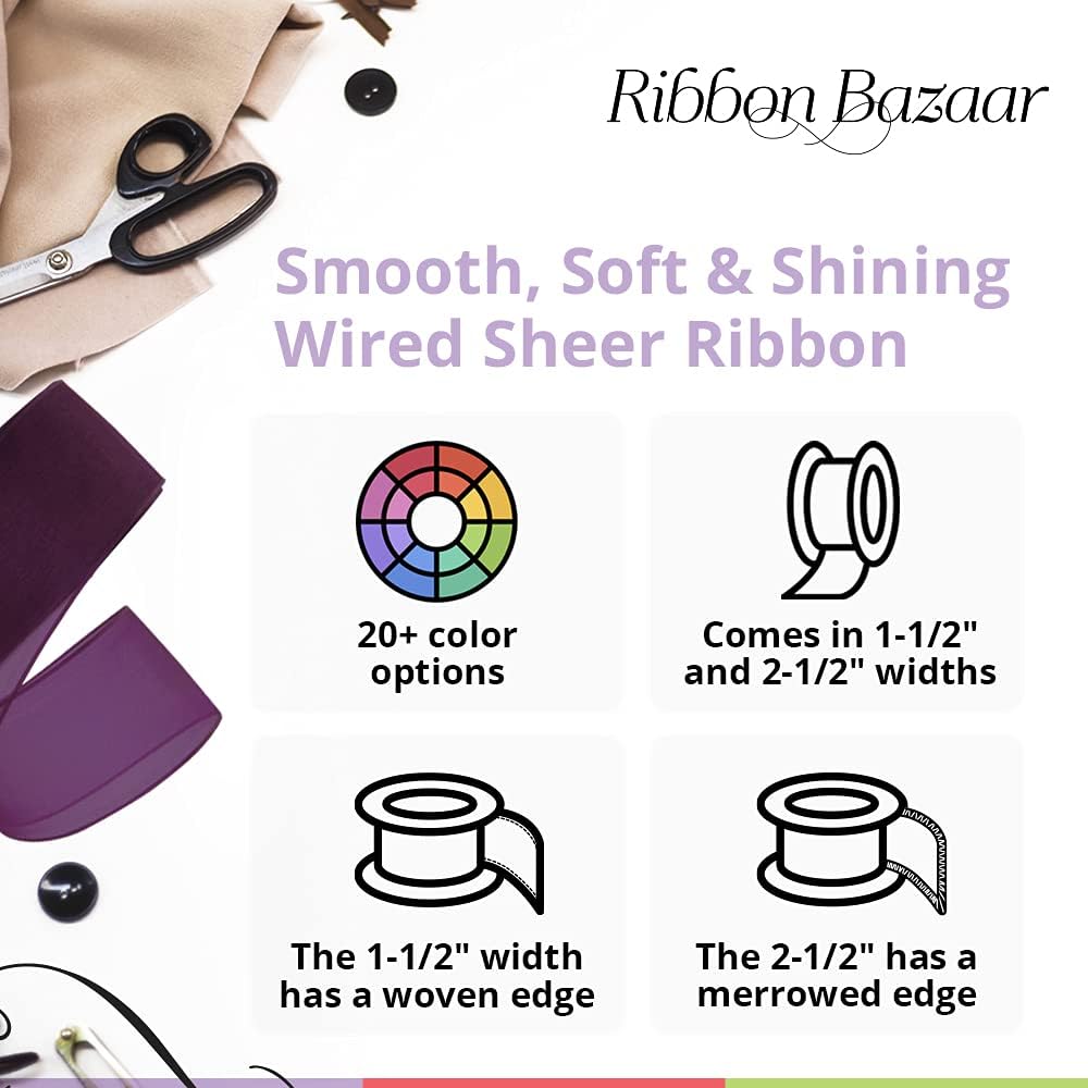 Ribbon Bazaar Sheer Organza Wired Ribbon - 100% Polyester Wire Edged Ribbon for Floral Decor, Table Arrangements, Apparel Embellishment & More - 1-1/2" Navy 25yd
