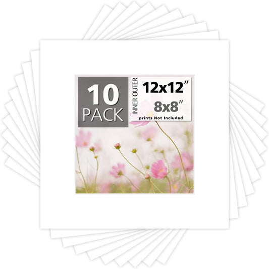 Mat Board Center, Pack of 10, 12x12 for 8x8 White Photo Picture Mats - Acid Free, 4-ply Thickness, White Core - for Pictures, Photos, Framing