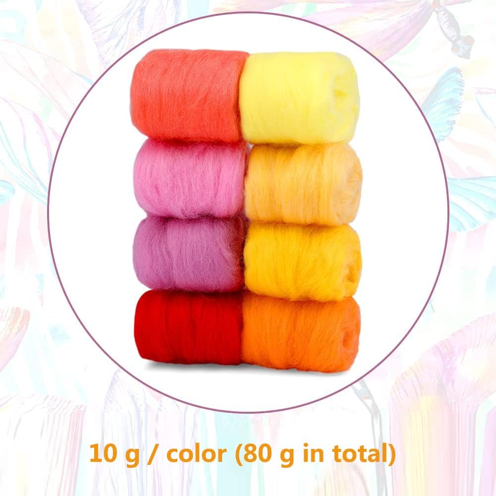 Wonvoc Needle Felting Wool 2.82oz/80 g, 8 Colors Nature Wool Roving Yarn, Hand Spinning Wool Roving Wool Yarn for DIY Craft Materials (Summer)