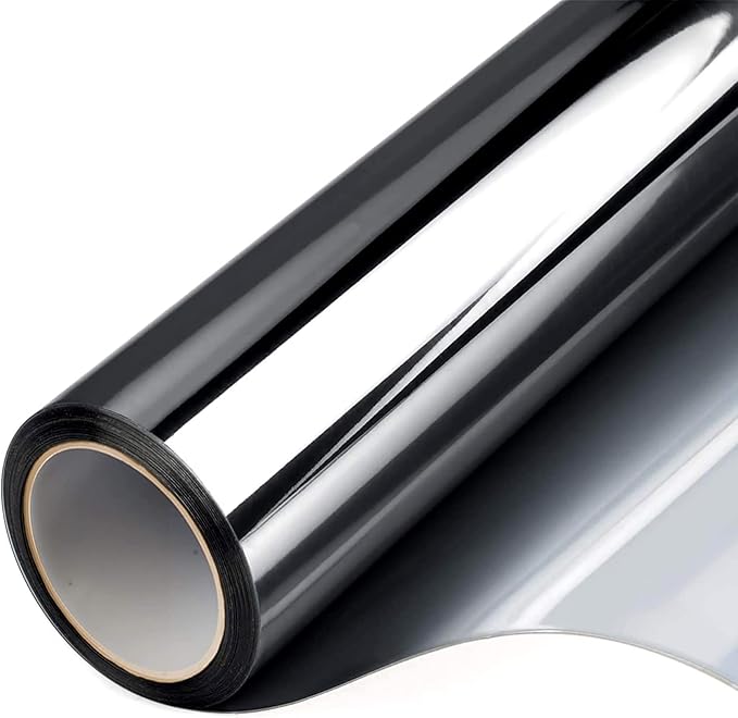 Filmgoo Window Privacy Film One Way Daytime Mirror Tint Treatments UV Heat Control Vinyl Stickers Sun Block Glass Paper Door Covering Reflective (Black Silver, 11.8 Inch x 7.2 Feet)