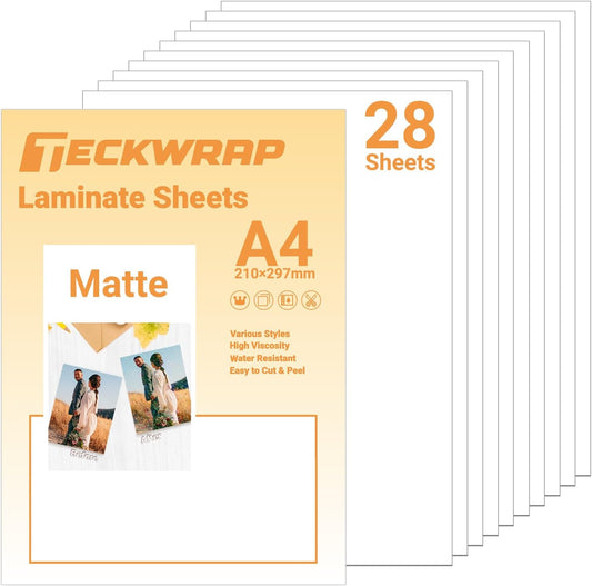 TECKWRAP Matte Laminating Sheets clear laminate sheets Sticker Paper for Inkjet Printer Clear Laminate Sheets for Printable Vinyl Sticker Paper, Photo Paper, Labels 8.26" x 11.69" A4 28 Sheets, Matte