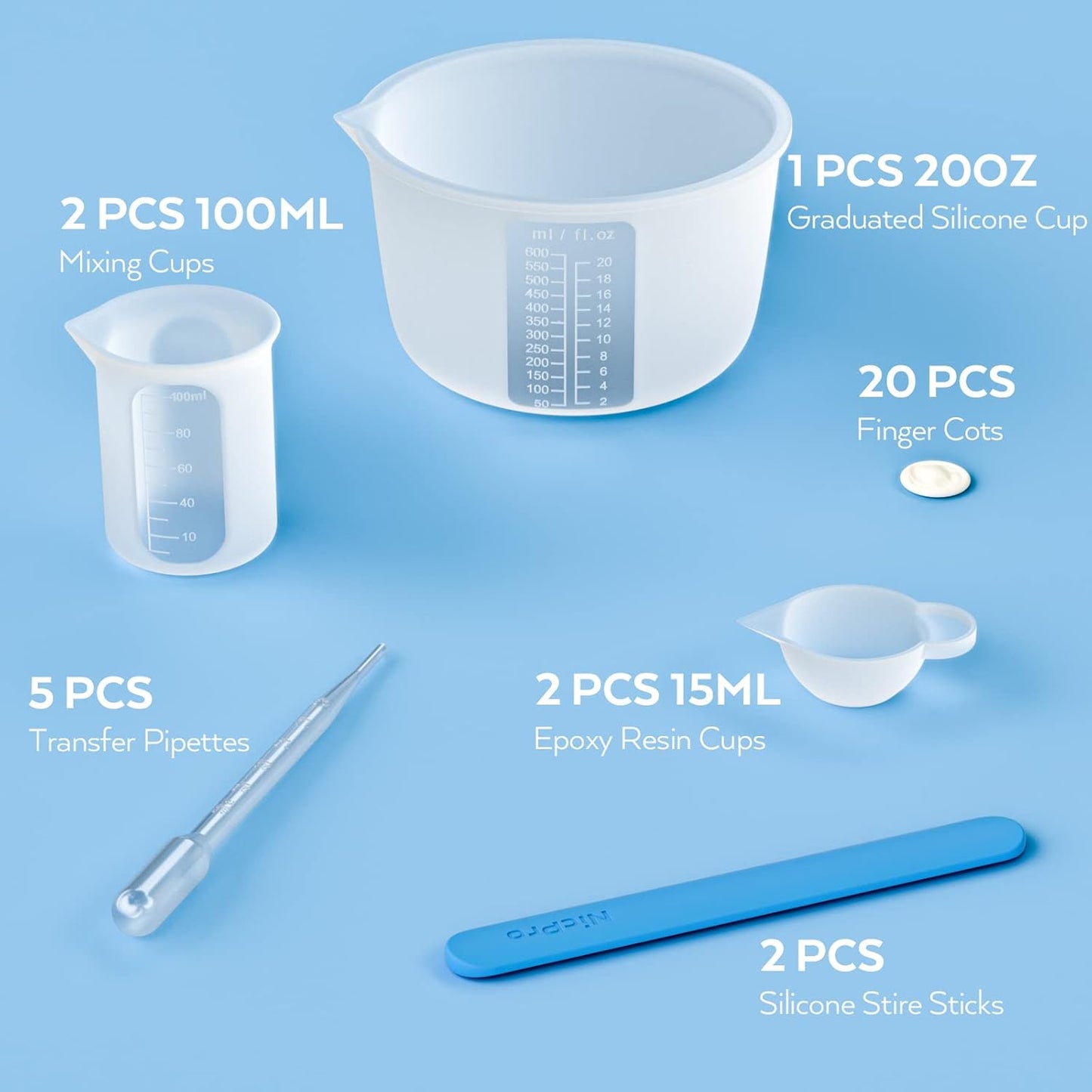 Large Silicone Resin Measuring Cups Tool Kit - Nicpro Reusable 600ml & 100ml Measure Cup, Silicone Stir Sticks Pipettes Finger Cots for Epoxy Resin Mixing, Molds, Jewelry Making, Waxing, Easy Clean