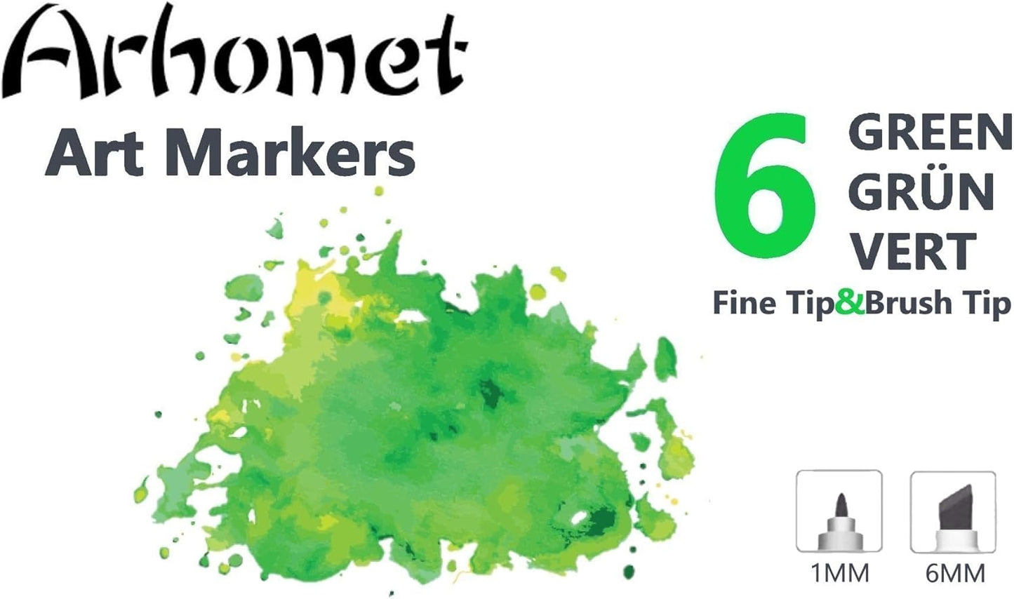 6pcs Green Forest Trees Grass Colors Alcohol Markers Set, Dual Tips Art Markers Drawing Sketched Double Tipped for Adults Kids (Green)