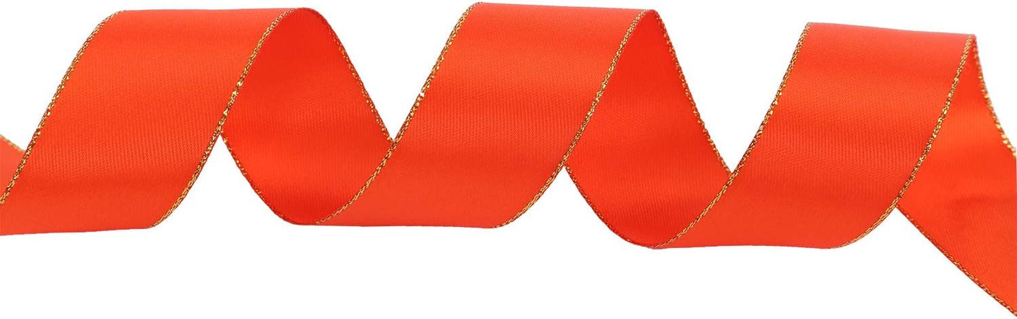ITIsparkle 1" Inch Double Faced Satin Ribbon 25 Yards with Gold Edges, 1" X 25Yd - Autumn Orange
