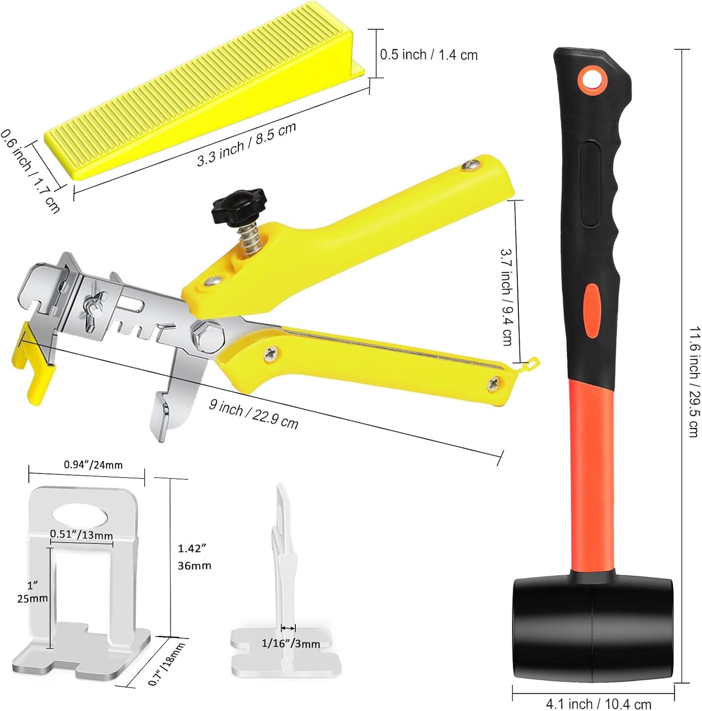 Storystore Tile Leveling System with Tile Pliers and Hammer - 300 Piece Tile Spacers Clips and 100 Piece Reusable Wedges, 1/16 Inch Tile Installation Tools Kit
