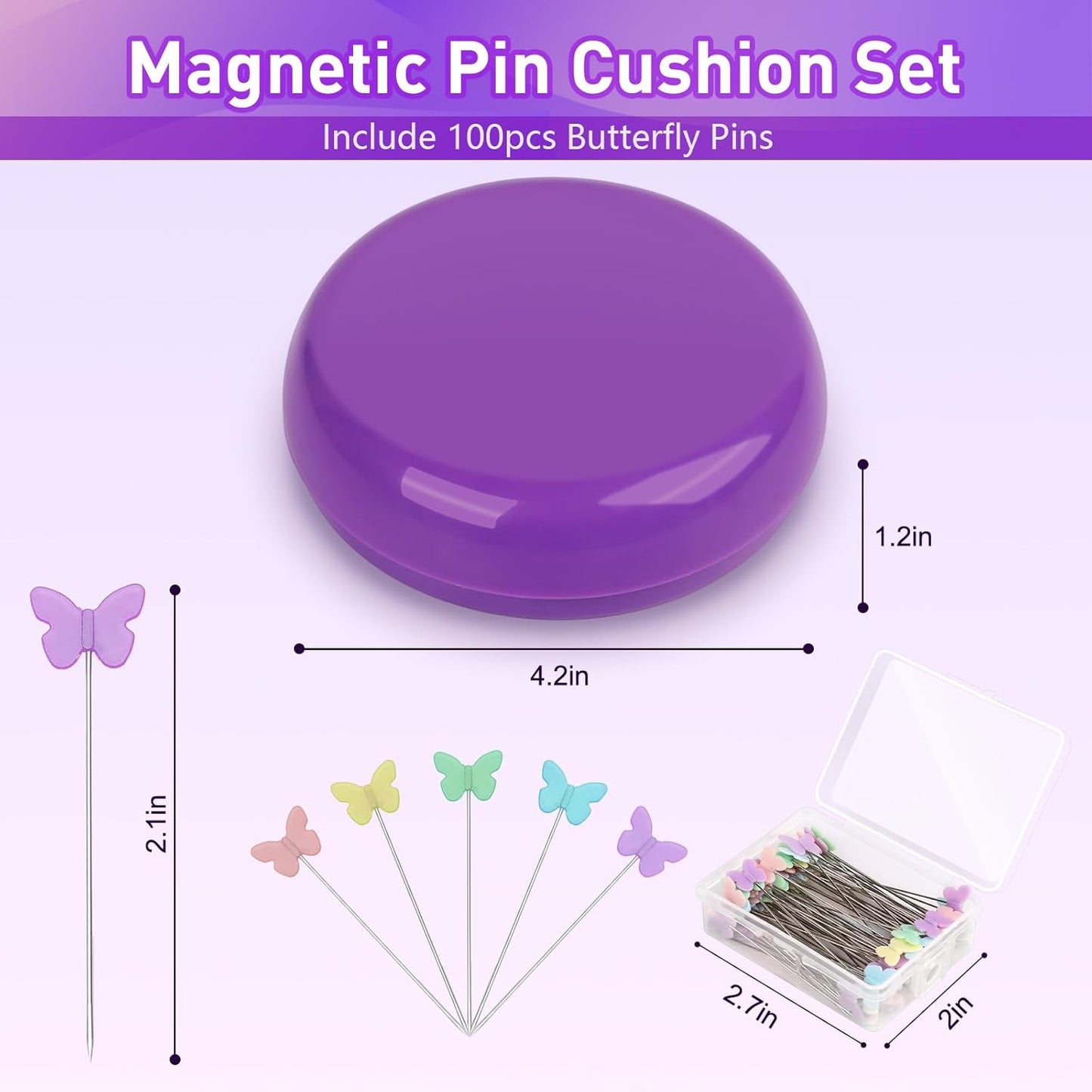 Oukitoymer Magnetic Pin Cushion with 100pcs Butterfly Head Straight Pins, Bobby Pin Holder for Sewing, Magnet Needle Cushion, Paper Clip Collector, Secure Pin Storager, Sewing & Quilting Accessories