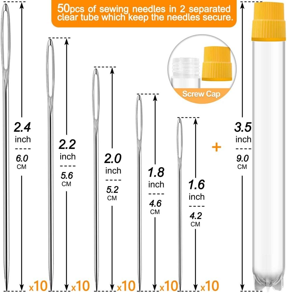 50 Pack Premium Large Eye Needles for Hand Sewing with Needle Threaders, Assorted Sizes, Embroidery Needles for Hand Sewing, Sewing Needles Large Eye, Big Eye Needle