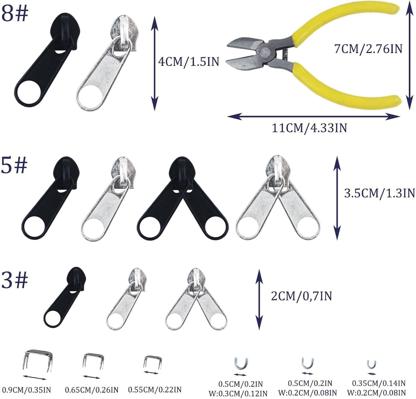 175 Pcs Zipper Repair Kit Sewing Change Zipper Needle-Nose Pliers Silver Black Zipper Clothing Jacket Purse Luggage Backpack Tent Sleeping Bag