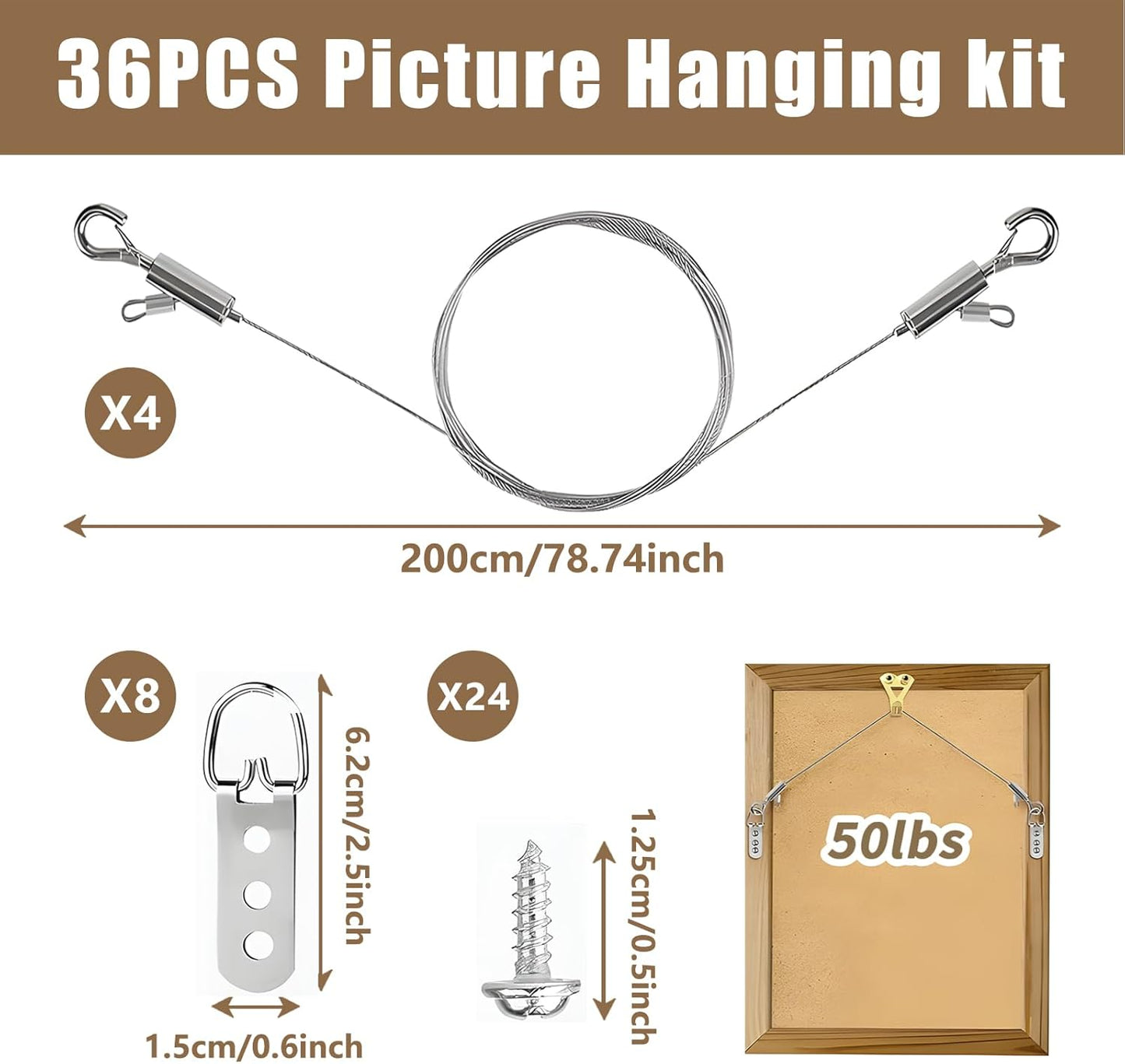 12PCS Picture Hanging Wire Kit for Mirrors, Frames, Artwork, Light Lamp, Billboards, Basket Flowerpot 6.56ft Adjustable Hanging Wire, 3-Hole D Rings Picture Hangers with Screws