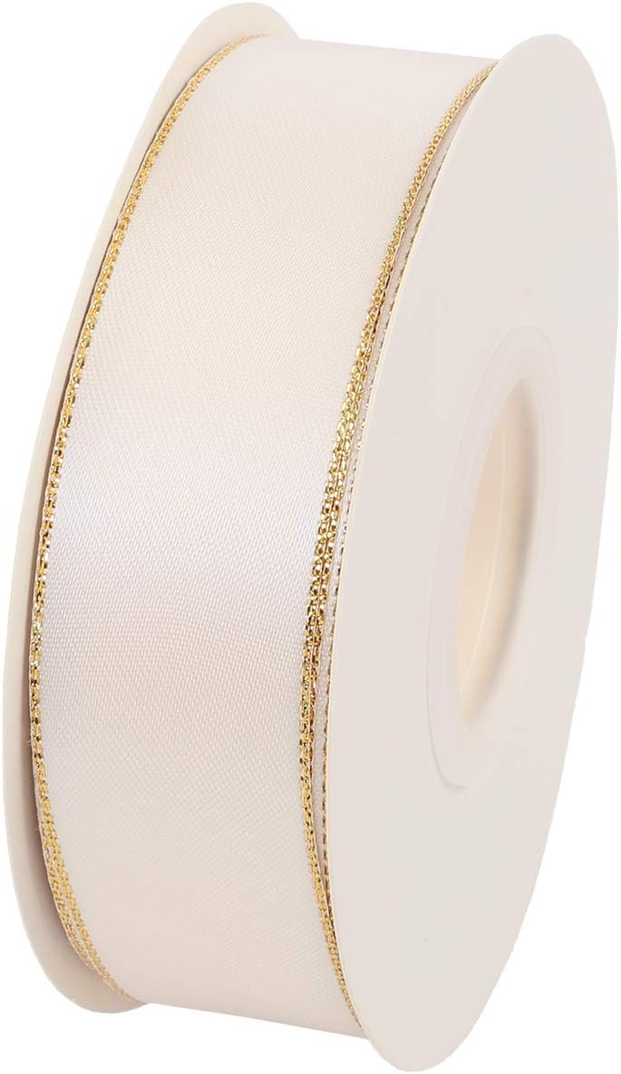 ITIsparkle 1" Inch Double Faced Satin Ribbon 25 Yards with Gold Edges, 1" X 25Yd - Ivory