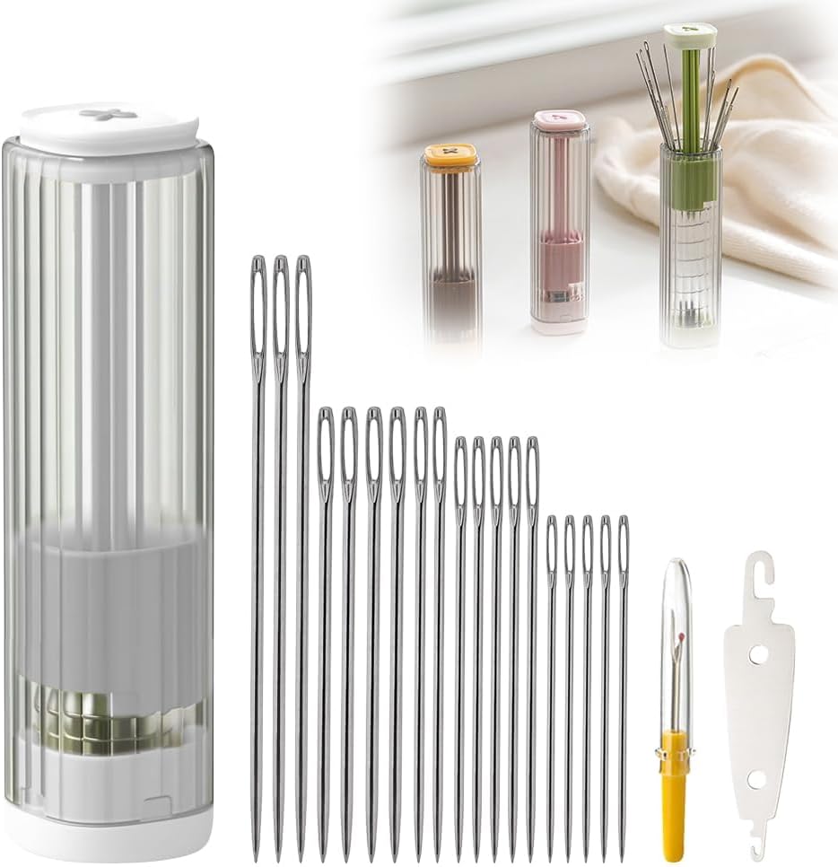 New Sewing Needle Case, Hand Sewing Needle Sewing Tool Set Threader Unthreader Tool, Upgrade Multi-Purpose Large-Eye Stitching Needle and Thread Kit for Leather (White)