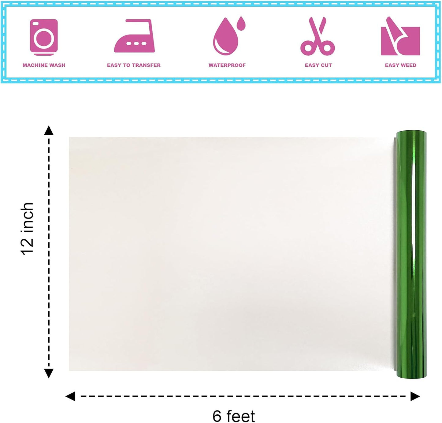 Metallic Green Sheet Foil Heat Transfer Vinyl, 12Inch x 6Ft Bundle Chrome HTV for Stunning T-Shirt Designs Perfect for DIY