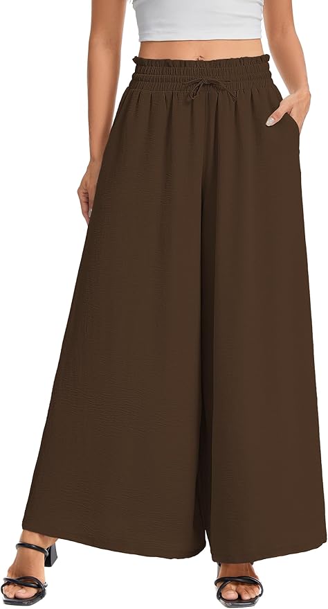 Women’s Wide Leg Pants Drawstring Elastic Waist Casual Trousers Lightweight Loose Lounge Pants with Pockets