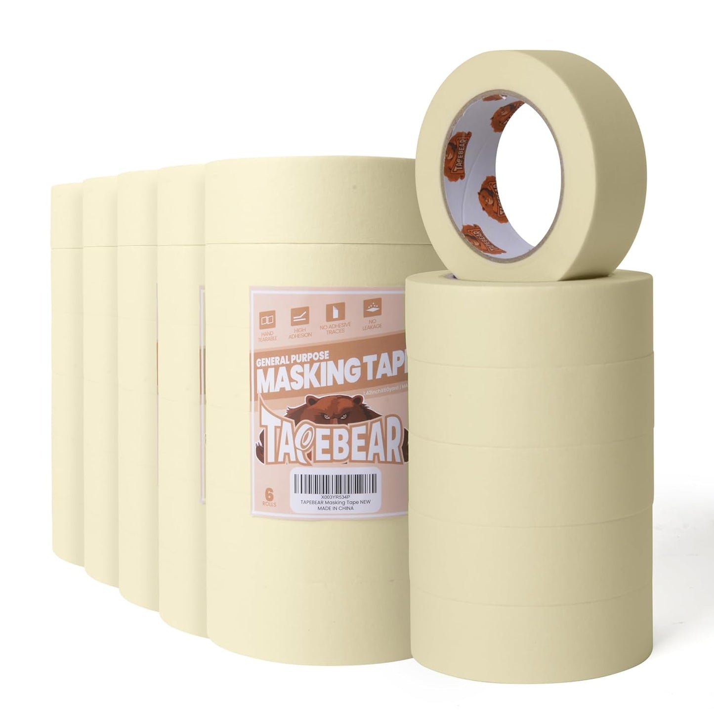 TAPEBEAR General Purpose Masking Tape Beige White 1.41 Inches x 60 Yards, Bulk Painters Tape for Painting, Labeling, DIY Arts Crafts, Home Office School Projects, 36 Rolls