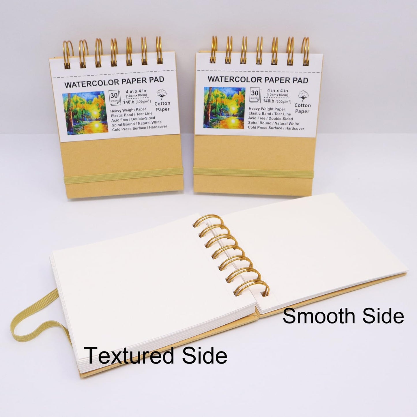 Mini Watercolor Paper Pads, 4x4, 3Pack, Kraft Hardcover Sketch Books, 140lb/300gsm Heavyweight Cotton Paper, Spiral Bound, Cold Pressed, Dual-Sided(Smooth&Texture),Painting Paper for Artists Students